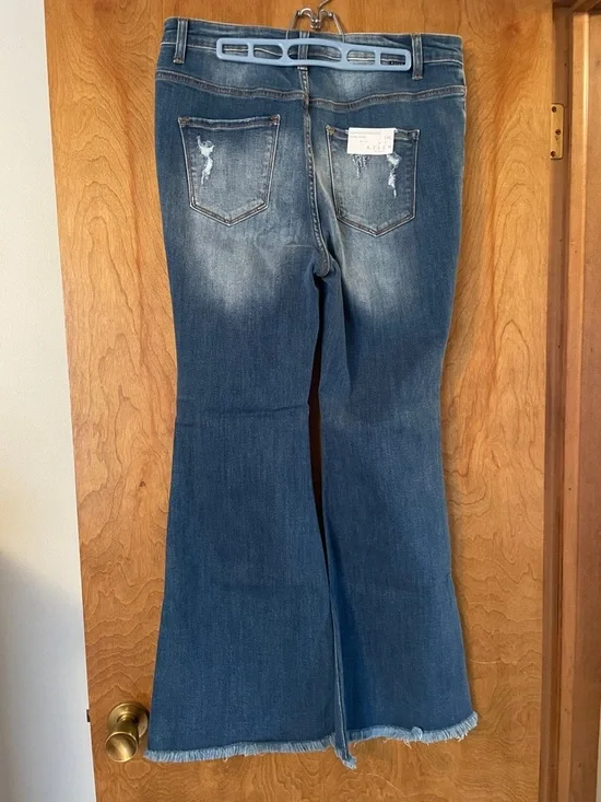 Risen Women's Distressed Flare Jeans in Medium Blue, 1XL - Picture 3 of 9